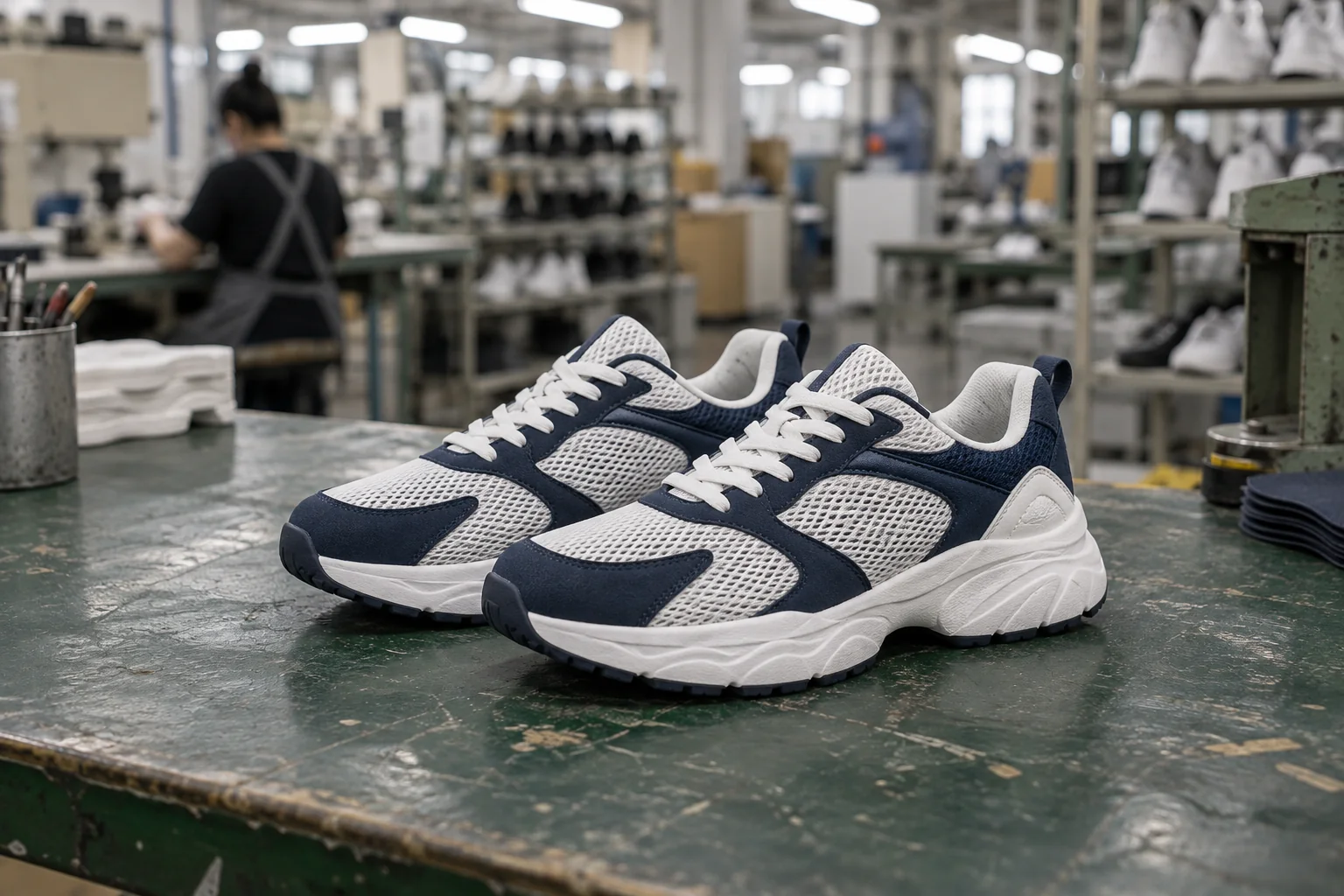 White and navy sneakers on a green footwear factory workbench